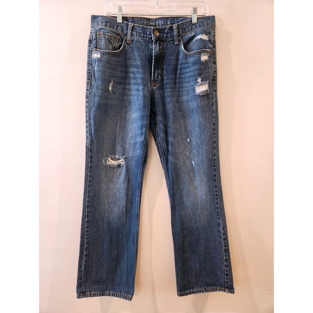 Aeropostale Mens Jeans Size 33x32 Distressed Denim Blue Straight Leg Relaxed Fit
